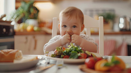 Cute baby enjoys healthy meal at home, promoting wholesome nutrition and family bonding. Space for textの素材