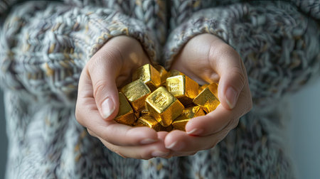 Woman holds gold bars against textured gray background, symbolizing financial stability and prosperity. Closeupの素材