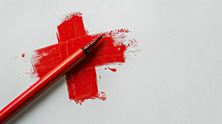 Bold red marker cross on pristine white, commanding attention, symbolizing urgency, aid, life-saving, vital for emergency kitsの素材
