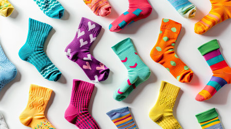 a vibrant set of socks against a clean white background, perfect for a trendy banner design showing fashion and comfort.の素材