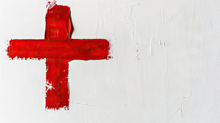 Bold red marker cross on pristine white, commanding attention, symbolizing urgency, aid, life-saving, vital for emergency kitsの素材