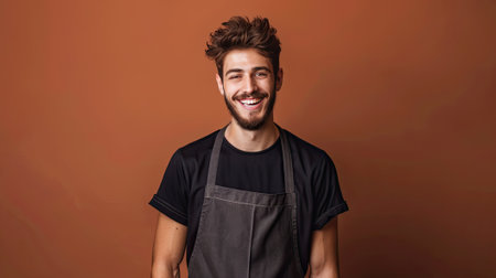 Closeup of a smiling man in a kitchen apron against a warm brown backdrop, radiating culinary enthusiasm and home chef expertise. Perfect for cooking enthusiasts and culinary brands.の素材