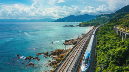 Oceanic journey: High-speed train line traverses the open sea, merging speed and serenity. A surreal voyage awaits.の素材