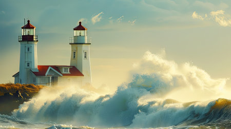 Amidst turbulent waves, behold the steadfast lighthouse with its red roof, a beacon of hope and resilience amidst the stormy seaの素材