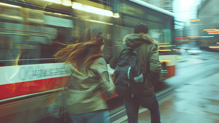 Motion-blurred scene of a couple running after a bus, capturing the frantic rush and urgency of urban commuting. Perfect for transportation services and city dwellers.の素材