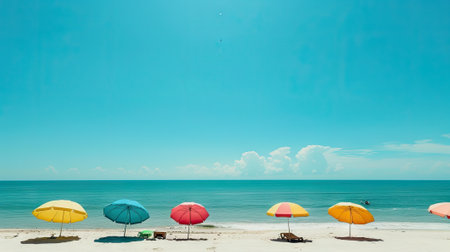 Bright sun illuminates a serene beach scene with colorful umbrellas and happy vacationers enjoying the seaside, space for text.の素材