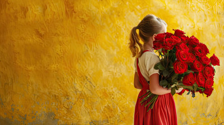 Studio shot of a child girl holding a big bouquet of red roses on a vibrant yellow background, radiating innocence and joy. Perfect for greeting card designs and floral gifts.の素材