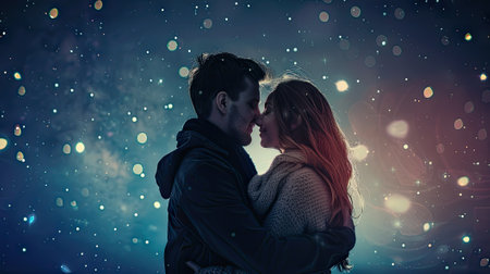 A charming couple embraces under a starry night sky, surrounded by twinkling lights, sharing a romantic moment, space for text.の素材