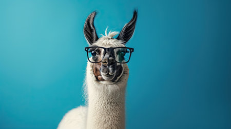 Celebrate milestones with our scholarly llama! Graduation cap, blue backdrop, front view. Perfect for proud momentsの素材