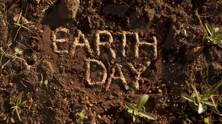 Celebrate Earth Day! 'EARTH DAY' written in soil from above. Eco-awareness, unity. Order now to support the planet!の素材