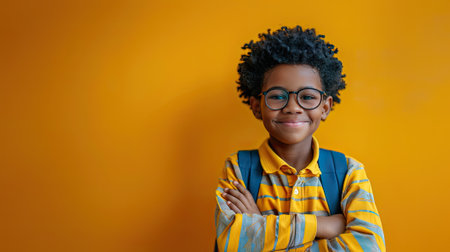 Bright future ahead! Smiling African American boy, books, modern school background.の素材