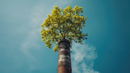 A lush tree emerges from an industrial chimney, symbolizing triumph over pollution.の素材