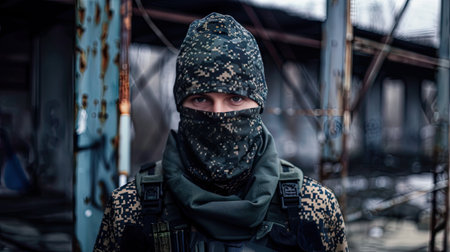 Patriotic olive buff mask proudly displayed with pixel camouflage. Dive into the world of Ukrainian military style, where tradition meets modern tactical design. Made for the true patriot!の素材