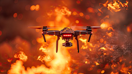 Witness a flying drone engulfed in flames against a sinister background.の素材