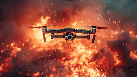 Witness a flying drone engulfed in flames against a sinister background.の素材