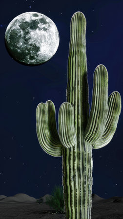 An Eastern prickly pear cactus thrives in the desert biome, under a full moon in the sky. Its adaptation includes thorns, spines, and prickles for protection in the harsh landscapeの素材