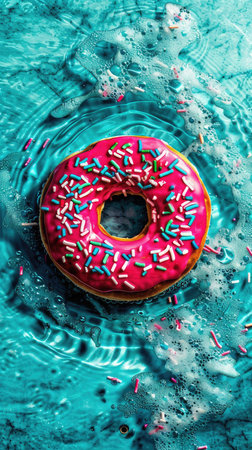 A pink donut with sprinkles is floating on the azure liquid of a pool, surrounded by water, a lifebuoy, and the tranquility of aquaの素材