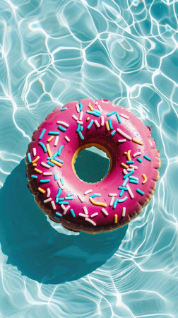 A pink donut with sprinkles is floating on the azure liquid of a pool, surrounded by water, a lifebuoy, and the tranquility of aquaの素材