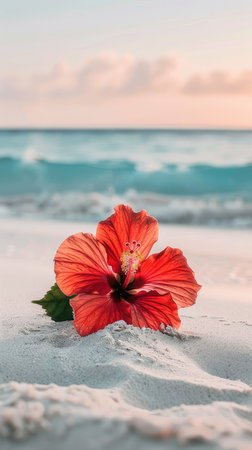 A red hibiscus flower lies on the white sand of an exotic beach, with blue water in the background. The sun shines brightly and the flowers show their full beauty.の素材
