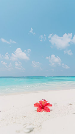 A red hibiscus flower lies on the white sand of an exotic beach, with blue water in the background. The sun shines brightly and the flowers show their full beauty.の素材