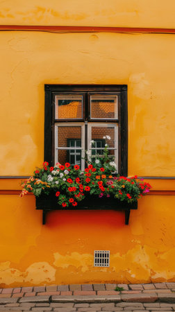 Minimalist photography, vibrant orange wall with window and flower boxの素材
