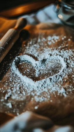 a heart drawn in flour with rolling pin on the side, close up,の素材