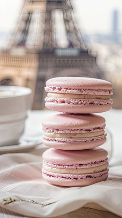 Pink and white macarons with the Eiffel Tower in Paris, white background, simple, minimalism, mobile wallpaper.の素材