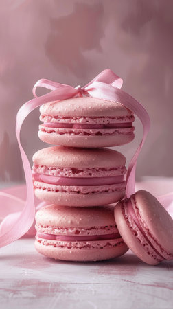 pink macarons stacked on top of each other, tied with satin ribbon, against a pastel background.の素材