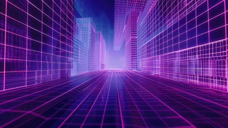 Background 3D wireframe design with dark violet transitioning to electric blue. Immerse yourself in the blend of virtual reality and artistic expressionの素材