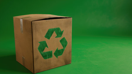 Creative arts meets sustainability with an open cardboard box featuring a green recycling symbol on a green background. Made from wood pulp, this paper product is ecofriendly and recyclableの素材
