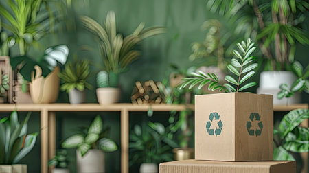 A houseplant in a flowerpot sits inside a cardboard box on a wooden shelf, surrounded by terrestrial plants in pots. The green landscape creates a beautiful and natural displayの素材