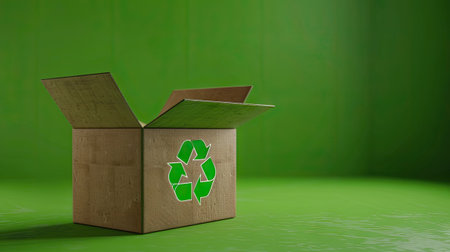 Creative arts meets sustainability with an open cardboard box featuring a green recycling symbol on a green background. Made from wood pulp, this paper product is ecofriendly and recyclableの素材