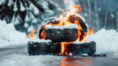 A collection of tires stacked atop snowy ground, creating a contrast between black rubber and white snow.の素材