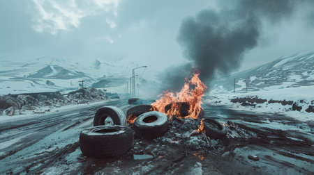 A collection of tires stacked atop snowy ground, creating a contrast between black rubber and white snow.の素材