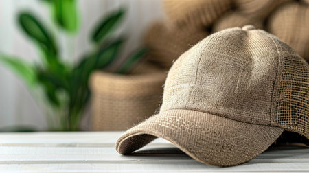 A stylish hat perched on a table beside a lush potted plant in a symbiotic display of indoor elegance.の素材
