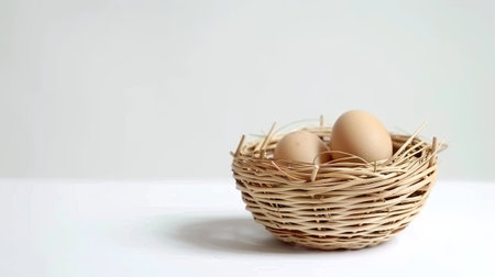 A beautifully crafted birds nest sits elegantly on a pristine white background, showing the intricacy and artistry of nature.の素材