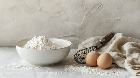 A bowl of flour sits beside eggs and a whiskey, ready for the magic of baking to begin.の素材