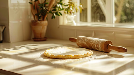 A fresh uncooked pie crust sits peacefully on a clean kitchen counter, awaiting its delicious filling and baking in the oven.の素材