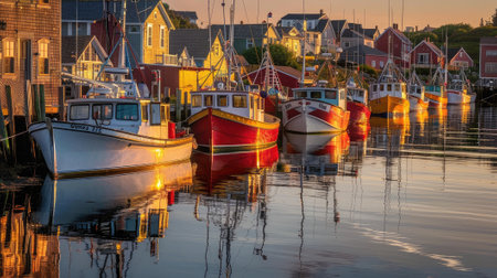 A serene scene of a group of boats peacefully resting in the calm waters, reflecting the beauty of the sky above.の素材