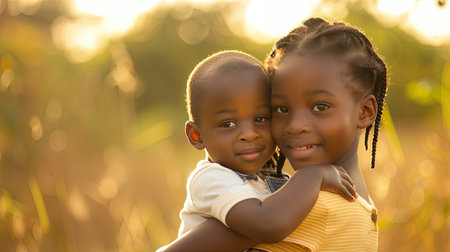 A woman embraces a child amidst a serene field of tall grass, their bond palpable in the peaceful setting.の素材