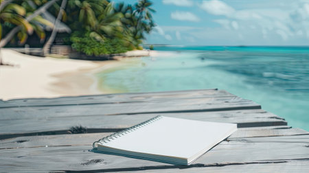 Tranquil scene of notebook laid out on a wooden table by the ocean, waves gently crashing in the background.の素材