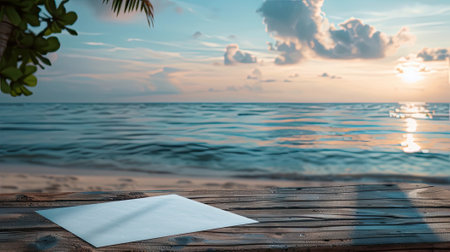 Tranquil scene of notebook laid out on a wooden table by the ocean, waves gently crashing in the background.の素材