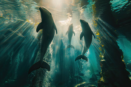 A group of elegant dolphins gracefully swim through the clear waters of the aquarium.の素材