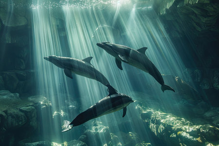 A group of elegant dolphins gracefully swim through the clear waters of the aquarium.の素材