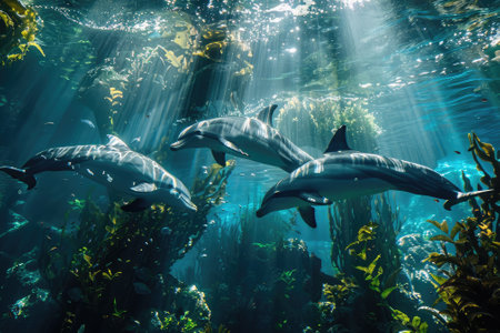 A group of elegant dolphins gracefully swim through the clear waters of the aquarium.の素材