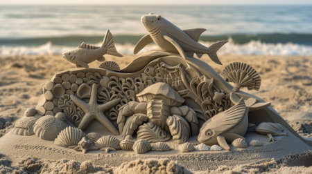 A breathtaking sand sculpture featuring a detailed fish, seahorse, and starfish, surrounded by shells and seaweed on a sandy beach.の素材