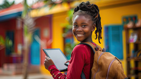 A young girl smiles brightly while holding a tablet in her hands, her face lit up with excitement.の素材