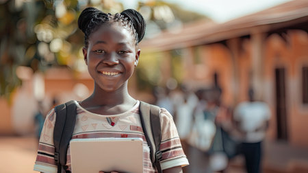 A young girl smiles brightly while holding a tablet in her hands, her face lit up with excitement.の素材