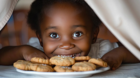 A young girl sitting with a plate of cookies in front of her, looking eager and excited to enjoy the sweet treats.の素材