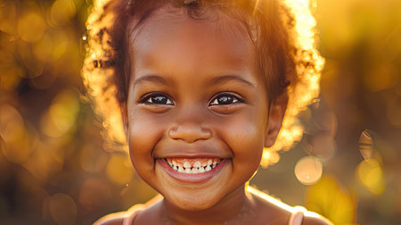 A close-up of a childâs face beaming with a smile, exuding pure happiness and innocence.の素材